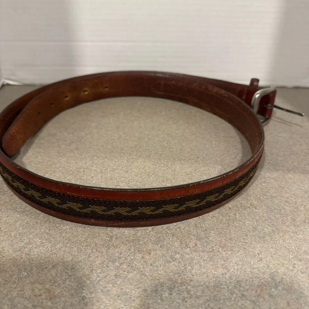 Lands’ End Vintage Men’s Woven Print Brown Leather Belt Size 40/100 Made in USA